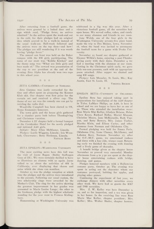 Active Chapter News: Zeta Gamma - University of Nebraska, January 1940 (Image)