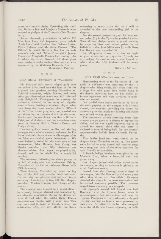 January 1940 Active Chapter News: Eta Beta - University of Washington Image