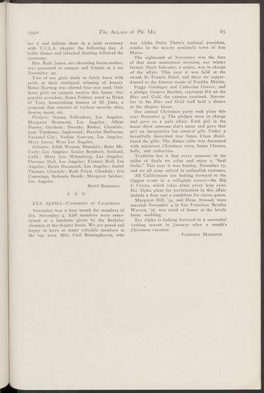 Active Chapter News: Eta Alpha - University of California, January 1940 (Image)