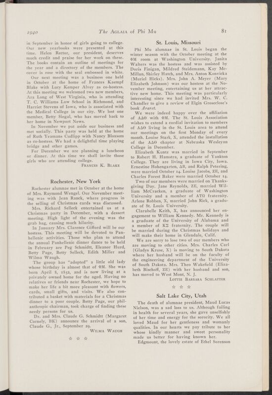 Alumnae Chapter News: Rochester, New York, January 1940 (Image)