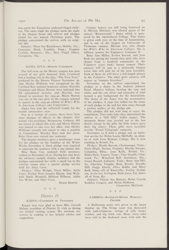Active Chapter News: Kappa - University of Tennessee, January 1940 (Image)