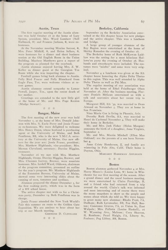 Alumnae Chapter News: Berkeley, California, January 1940 (Image)
