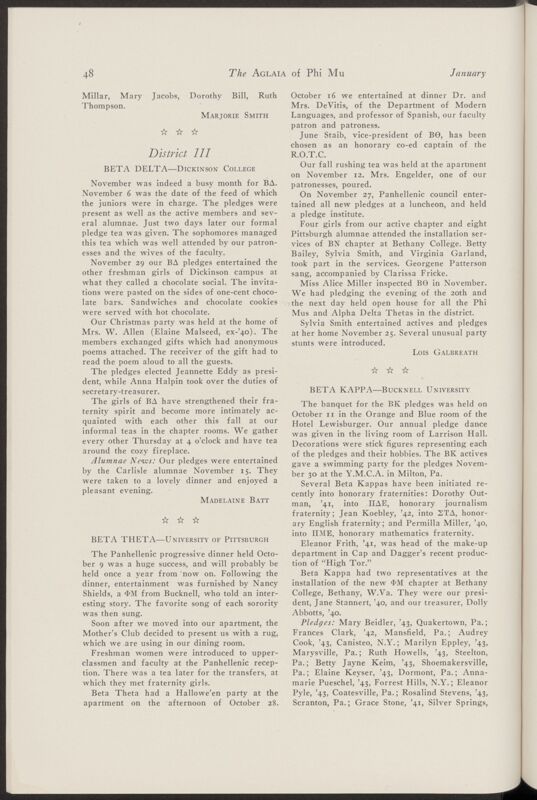 Active Chapter News: Beta Kappa - Bucknell University, January 1940 (Image)
