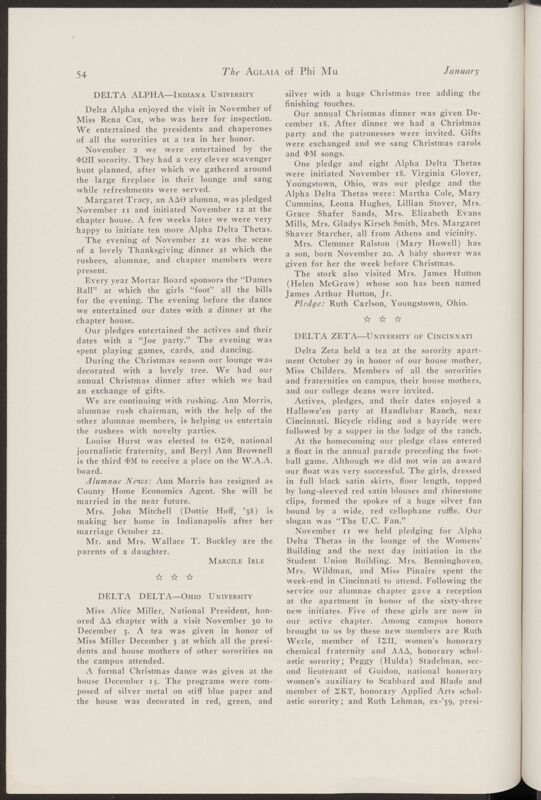 Active Chapter News: Delta Zeta - University of Cincinnati, January 1940 (Image)