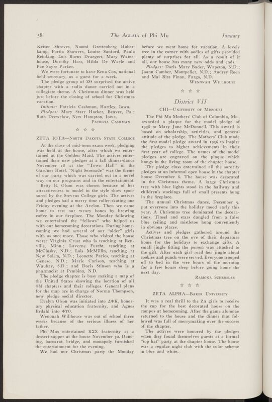 Active Chapter News: Zeta Alpha - Baker University, January 1940 (Image)
