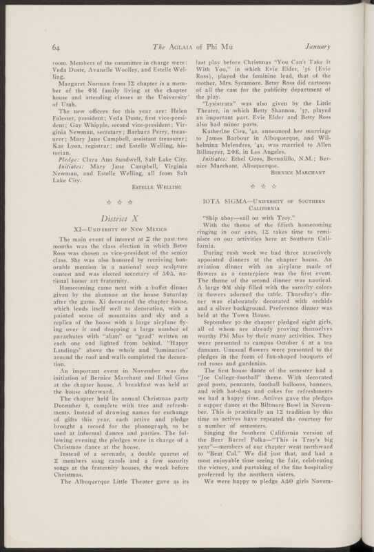 Active Chapter News: Iota Sigma - University of Southern California, January 1940 (Image)