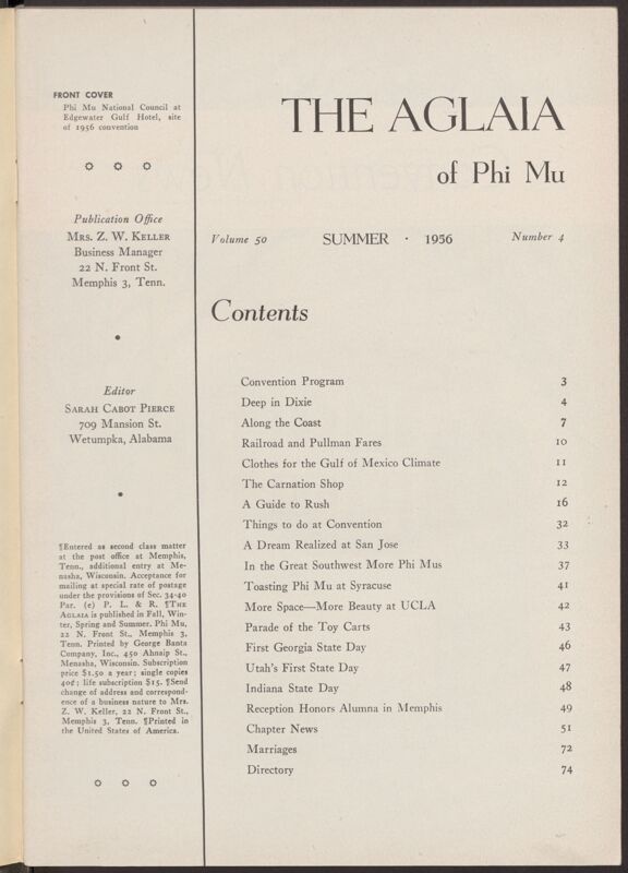 The Aglaia of Phi Mu, Vol. 50, No. 4 Table of Contents (Image)