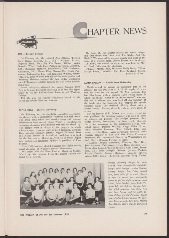 Chapter News: Mu, Brenau College, Summer 1956 (Image)