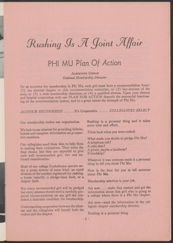 Rushing Is a Joint Affair; Phi Mu Plan of Action Image