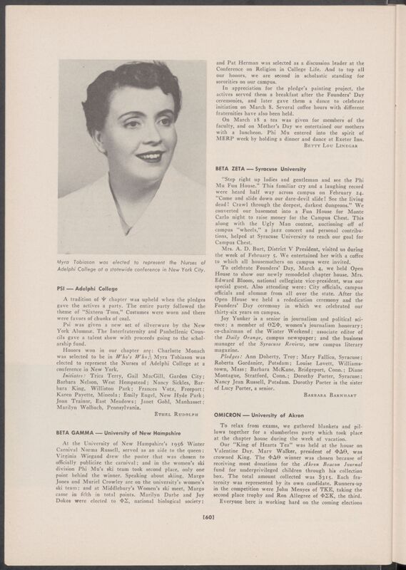 Chapter News: Psi, Adelphi College, Summer 1956 (Image)