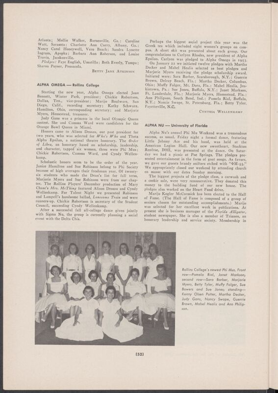 Chapter News: Alpha Omega, Rollins College, Summer 1956 (Image)