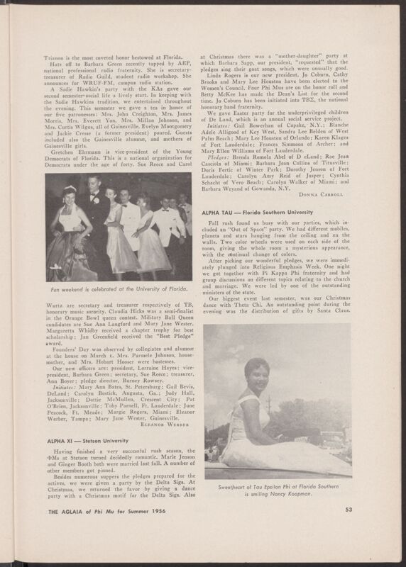 Chapter News: Alpha Xi, Stetson University, Summer 1956 (Image)