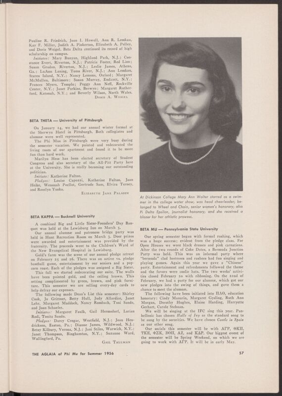 Chapter News: Beta Theta, University of Pittsburgh, Summer 1956 (Image)