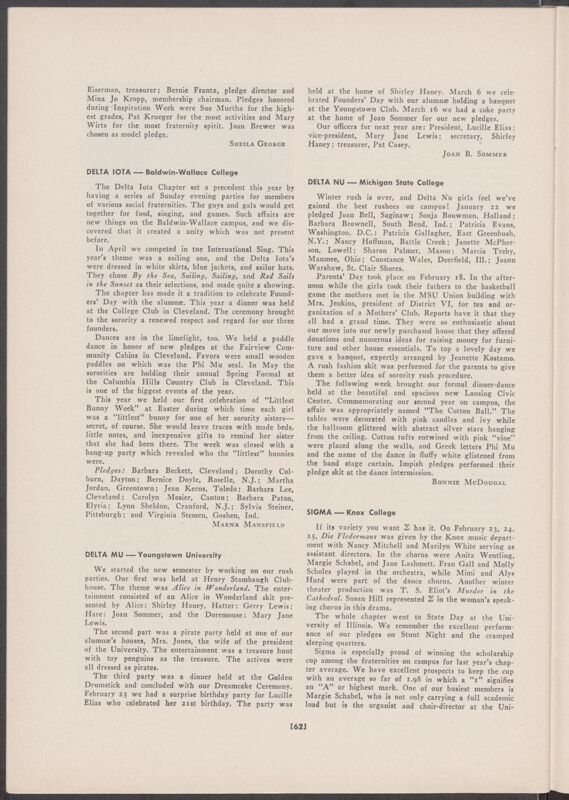 Chapter News: Delta Iota, Baldwin-Wallace College, Summer 1956 (Image)