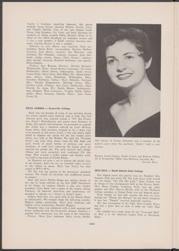 Chapter News: Delta Lambda, Evansville College, Summer 1956 (Image)