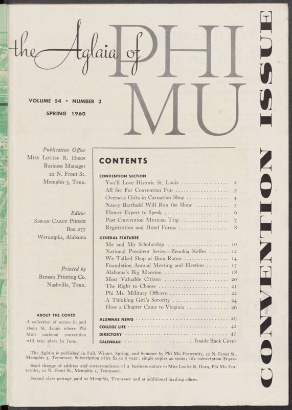 The Aglaia of Phi Mu, Vol. 55, No. 3 Table of Contents (Image)