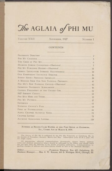 The Aglaia of Phi Mu, Vol. XXII, No. 1 Table of Contents (Image)