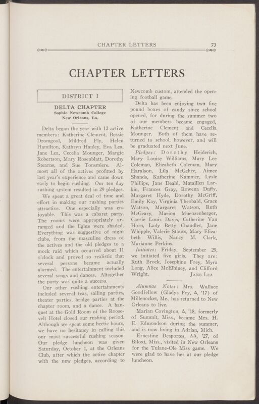 Chapter Letters: Delta Chapter, November 1927 (Image)
