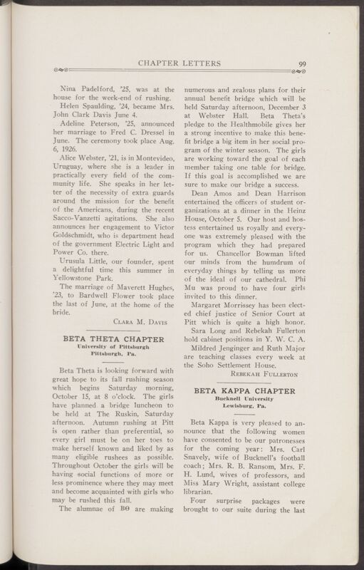 November 1927 Chapter Letters: Beta Zeta Chapter Image