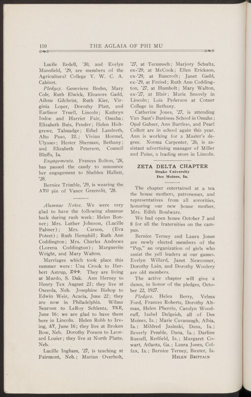 November 1927 Chapter Letters: Zeta Gamma Chapter Image