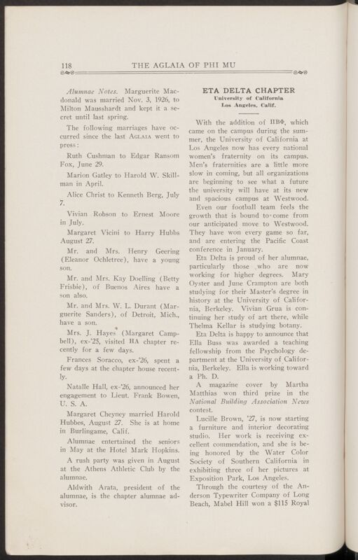 November 1927 Chapter Letters: Eta Alpha Chapter Image