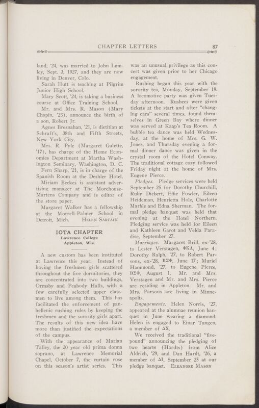 Chapter Letters: Iota Chapter, November 1927 (Image)