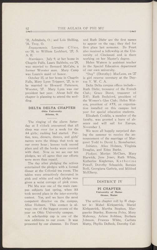 Chapter Letters: Delta Delta Chapter, November 1927 (Image)