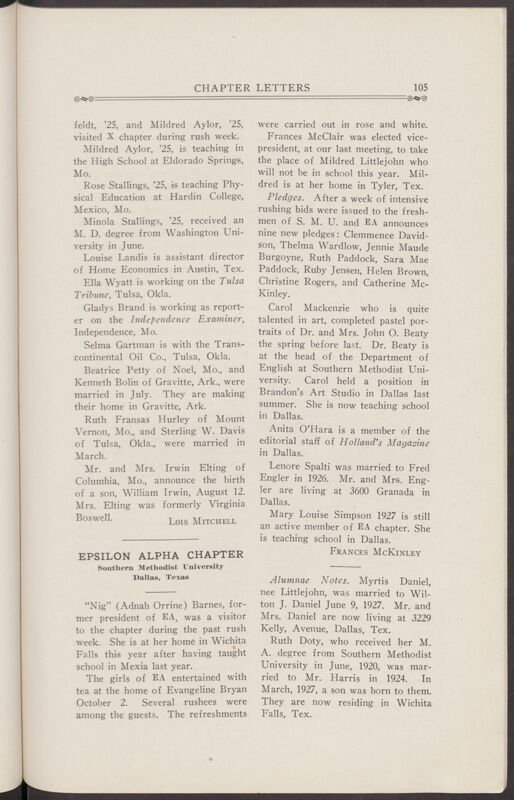 Chapter Letters: Epsilon Alpha Chapter, November 1927 (Image)