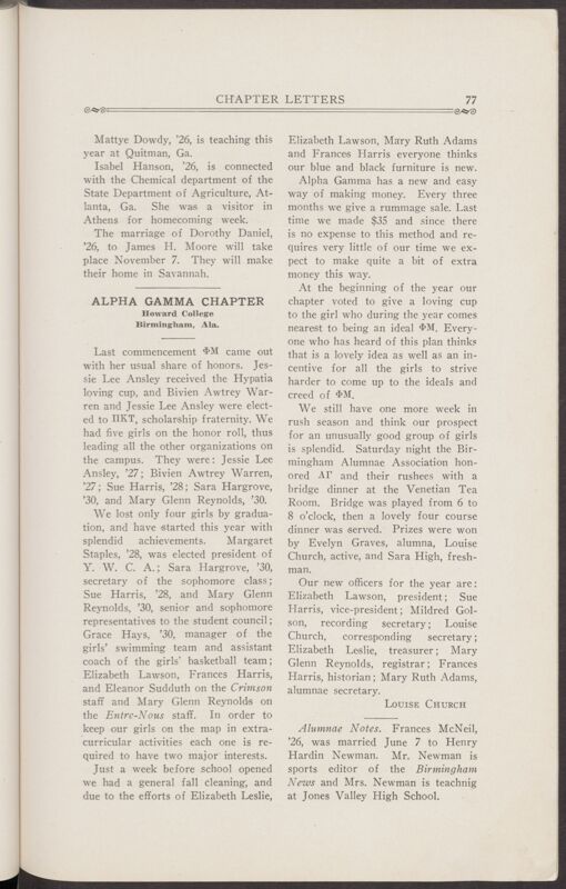 November 1927 Chapter Letters: Alpha Gamma Chapter Image