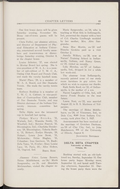 Chapter Letters: Delta Beta Chapter, November 1927 (Image)