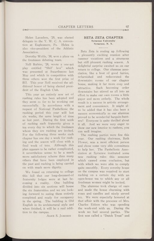 Chapter Letters: Beta Zeta Chapter, November 1927 (Image)