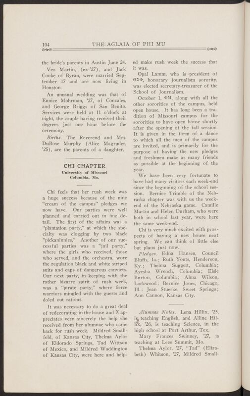 Chapter Letters: Chi Chapter, November 1927 (Image)