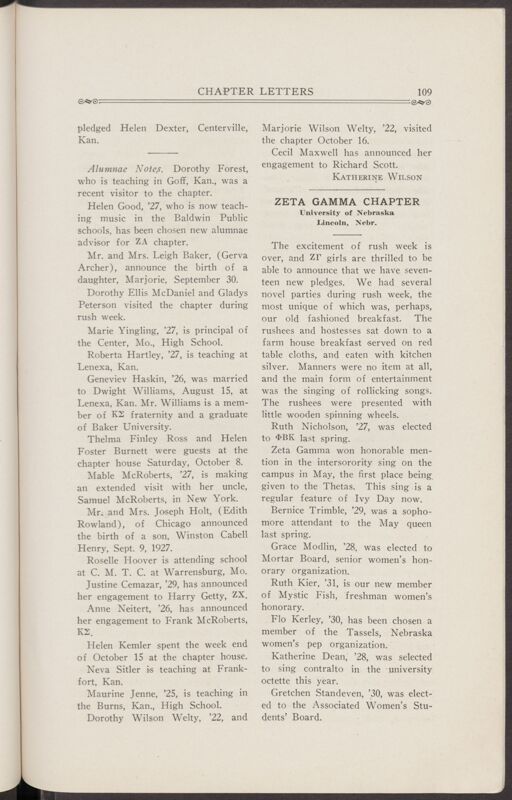 Chapter Letters: Zeta Gamma Chapter, November 1927 (Image)