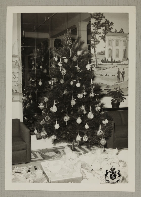 Christmas Tree With Phi Mu Ornaments at Convention Photograph, August 2-7, 1974 (Image)