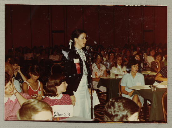 Unidentified Phi Mu Speaking at Convention Session Photograph, July 2-6, 1982 (image)