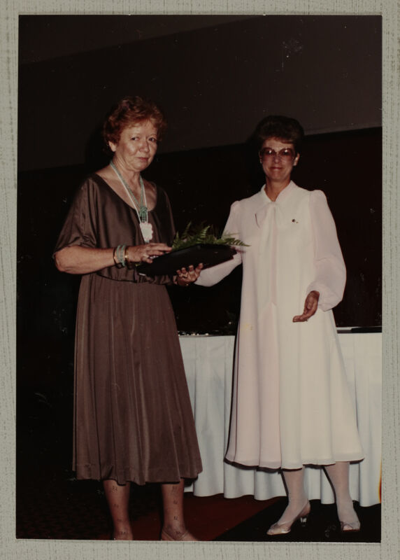 Linda Litter Presenting Outstanding Alumna Award to Hazel Tow Photograph, June 30-July 5, 1984 (Image)