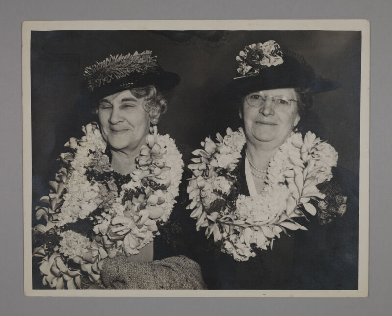 c. 1923 Two Phi Mus in Hats and Leis Photograph Image