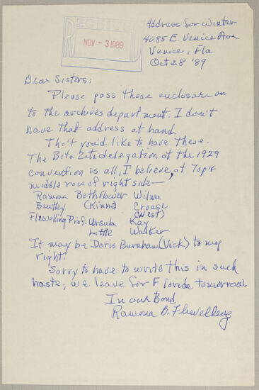 Rowena B. Flewelling to Sisters Letter, October 28, 1989 (image)