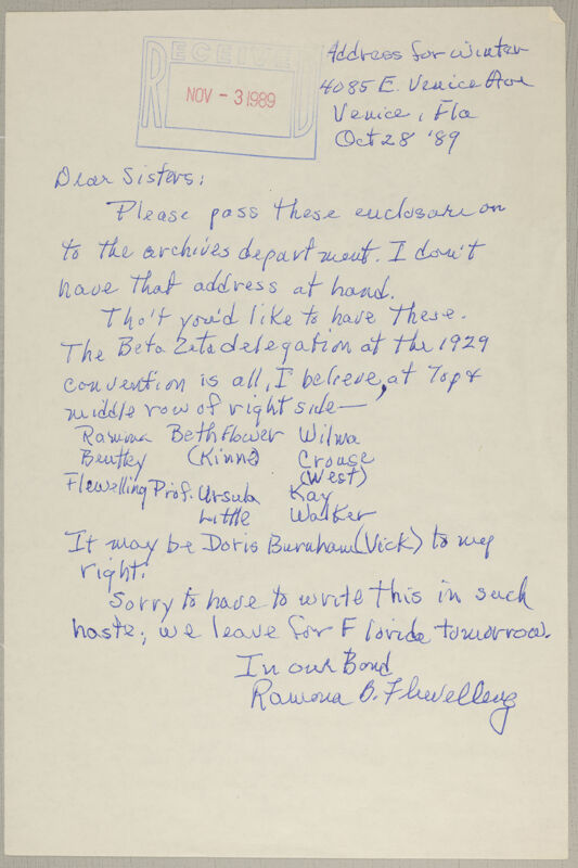 Rowena B. Flewelling to Sisters Letter, October 28, 1989 (Image)