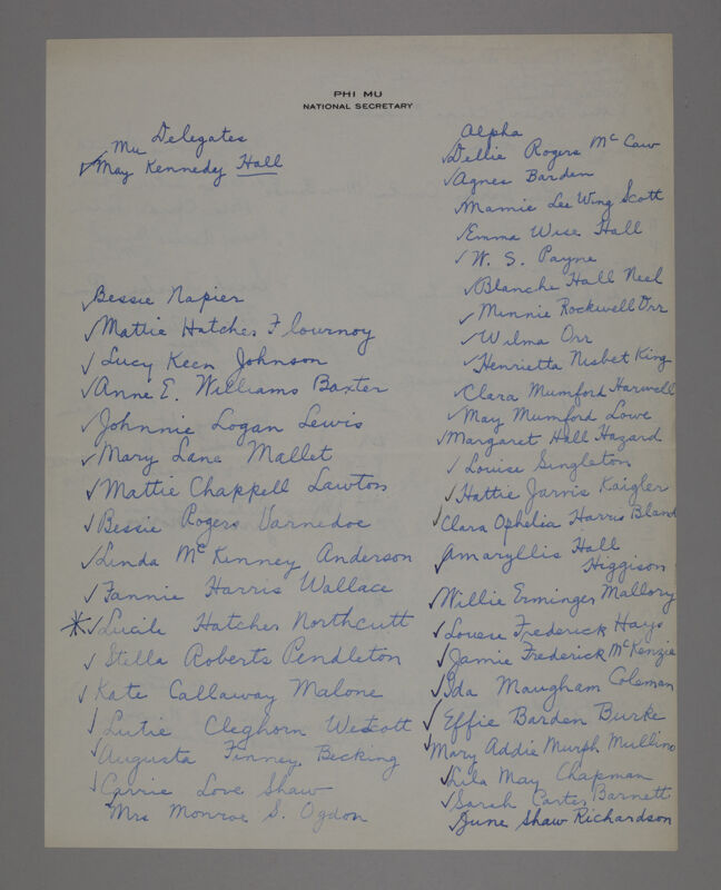 Phi Mu National Secretary Convention Delegate List, 1923 (Image)