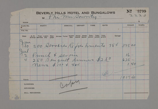 Beverly Hills Hotel and Bungalows Receipt, June 30-July 4, 1923 (image)