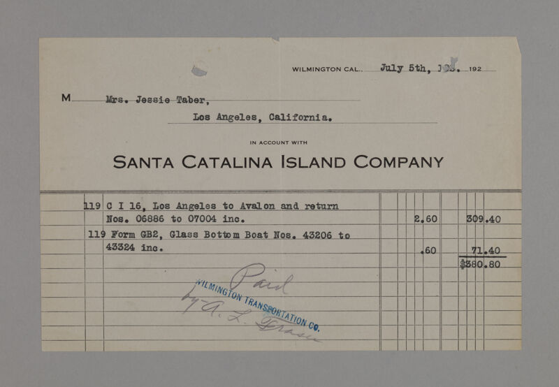 Santa Catalina Island Company Receipt, July 5, 1923 (Image)
