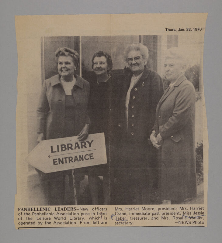 Panhellenic Leaders Newspaper Clipping, January 22, 1970 (Image)