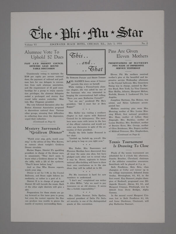 The Phi Mu Star, Vol. 6, No. 2, July 5, 1934 (Image)