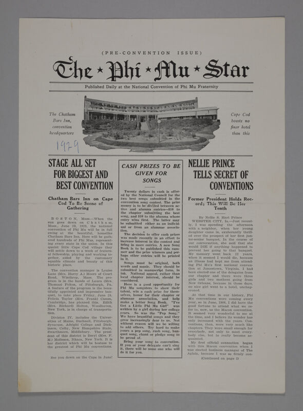 The Phi Mu Star, Pre-Convention Issue, 1929 (Image)