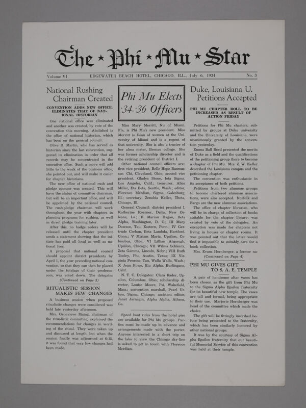 The Phi Mu Star, Vol. 6, No. 3, July 6, 1934 (Image)