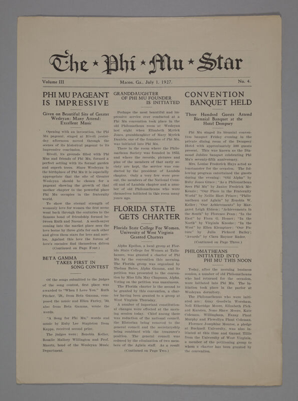 The Phi Mu Star, Vol. 3, No. 4, July 1, 1927 (Image)