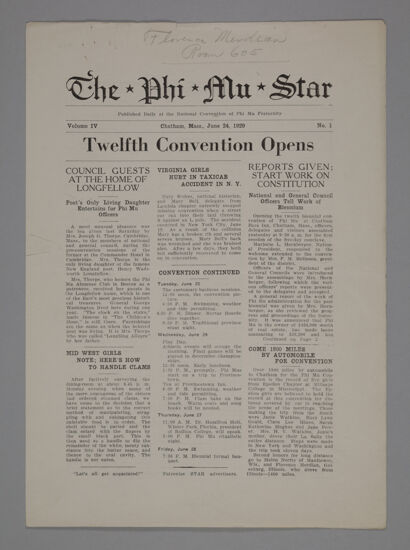 The Phi Mu Star, Vol. 4, No. 1, June 24, 1929 (Image)