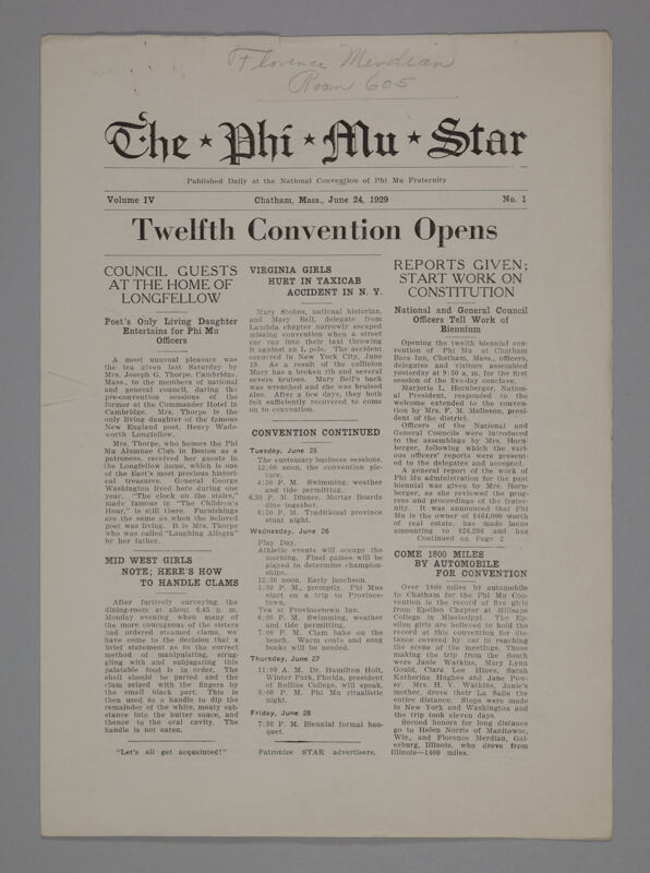 The Phi Mu Star, Vol. 4, No. 1, June 24, 1929 (Image)