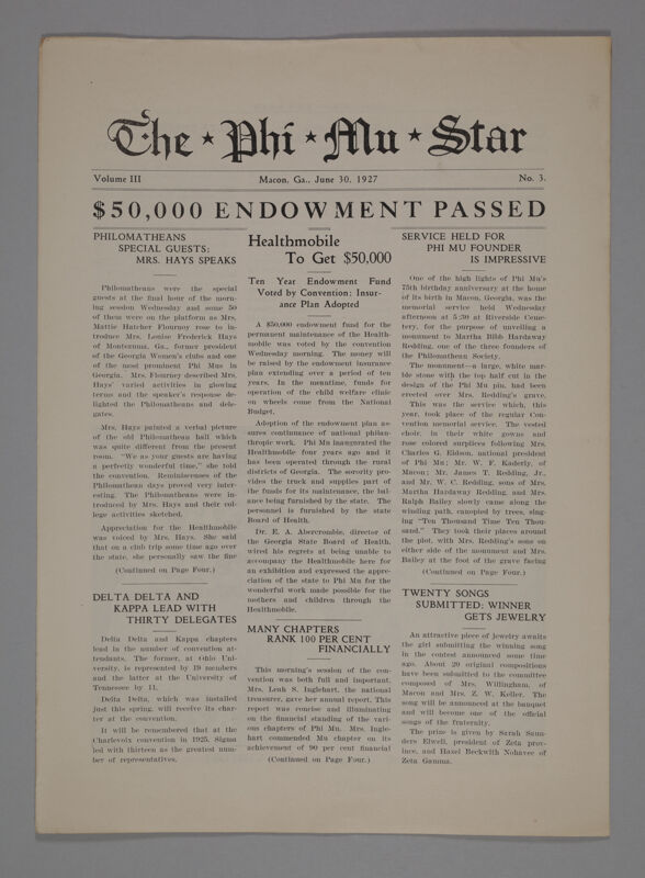 The Phi Mu Star, Vol. 3, No. 3, June 30, 1927 (Image)